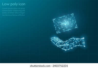 Vector illustration of mail on hand. Email icon. Receiving messages. Mail icon on a dark blue background.