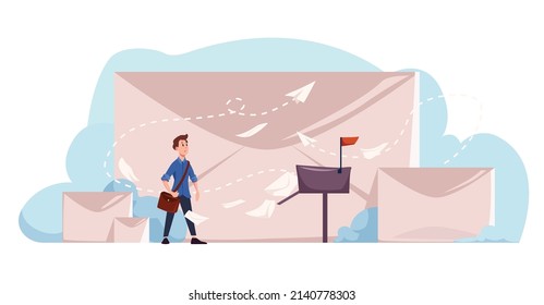 Correo de ilustración de vector. Postman trajo cartas al buzón pero los aviones de papel salieron contra el fondo de grandes sobres al estilo de dibujos animados. Servicio postal y concepto de entrega de correo.