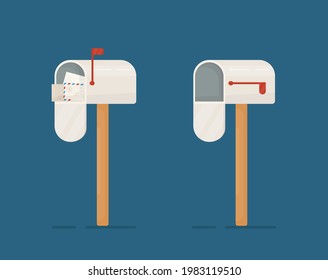 Vector illustration of the mailbox concept on a dark blue background. Open white mailbox And in this box white envelopes.