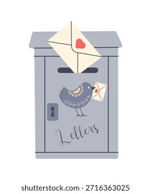 Ilustración vectorial de un buzón con un ojo de cerradura y un pájaro decorativo. Diseño plano y limpio con Formas sencillas y colores suaves. Conveniente para las tarjetas de felicitación, carteles, papelería, Diseño web, producto de impresión