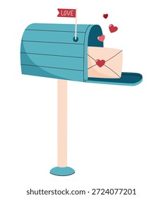 Vector illustration of a mailbox with a love letter and heart details. Romantic flat design for Valentines Day, love message delivery and romantic greeting concept, isolated on white background.