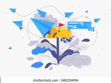 Vector illustration of the mailbox, out of the box fly paper letters in the form of aircraft