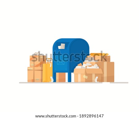 Vector illustration of a mailbox. Parcel delivery. Boxes filled with sheets. 