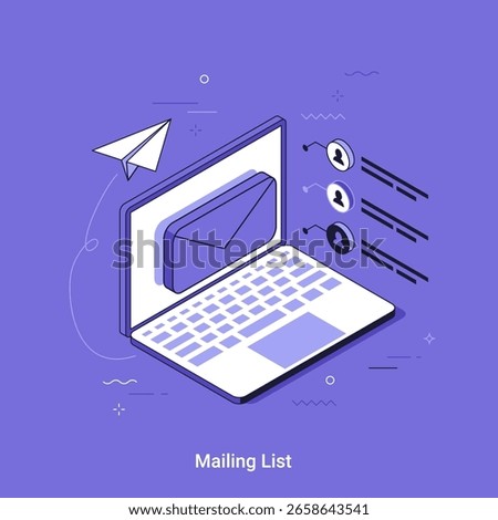 Vector illustration with Mailing list on laptop screen. Email marketing, newsletter subscription and mass send concept. Online communication technology.