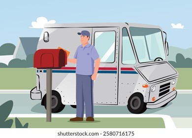 A vector illustration of Mailman Delivering Mails in a Mailbox