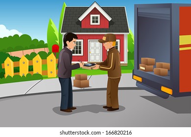 A vector illustration of mailman delivering package