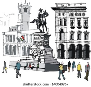 Vector illustration of main city square and pedestrians, Milan, Italy.