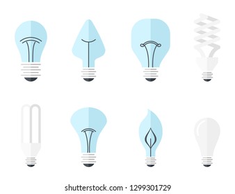 Vector illustration of main electric lighting types: incandescent light bulb, halogen lamp, cfl and led lamp. Flat style.