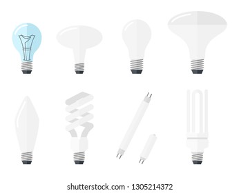 Vector illustration of main electric lighting types: incandescent light bulb, halogen lamp, cfl and led lamp. Flat style.