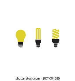 Vector illustration of main electric lighting types light bulb, halogen lamp, led lamp. Flat style.