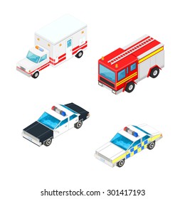 A vector illustration of the main emergency services. Fire, Police and medical.
Isometric emergency services icon illustration.
Emergency transport vehicles.