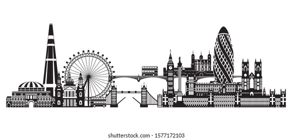 Imagen vectorial de los principales lugares de interés de Londres. Ilustración vectorial City Skyline en color negro aislada en fondo blanco. Silueta panorámica de monumentos de Londres, Inglaterra. 