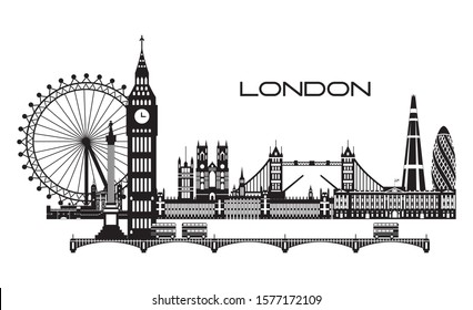 Vector illustration of main landmarks of London. City Skyline vector illustration in black and white colors isolated on white. Set of vector silhouette illustration of landmarks of London, England. 