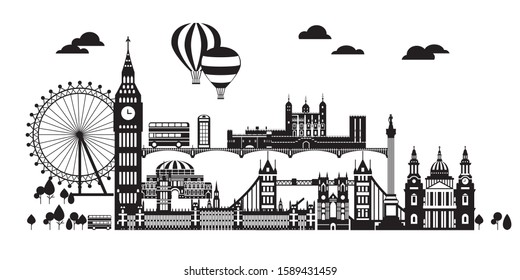 Vector illustration of main landmarks of London. City Skyline vector illustration in black color isolated on white background. Set of vector silhouette illustration of landmarks of London, England. 
