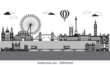 Vector illustration of main landmarks of London. City Skyline vector illustration isolated on white background. Panoramic monochrome silhouette illustration of landmarks of London, England. 