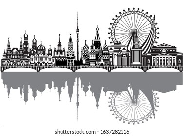 Vector illustration of main landmarks of Moscow with reflection.Skyline vector monochrome illustration. Moscow skyline  background. Monochrome silhouette illustration of landmarks of Moscow, Russia. 