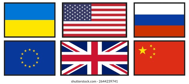 Vector illustration of main world flags set including Ukraine, United States, China, European Union, United Kingdom and Russia in original proportions isolated on white background in frames