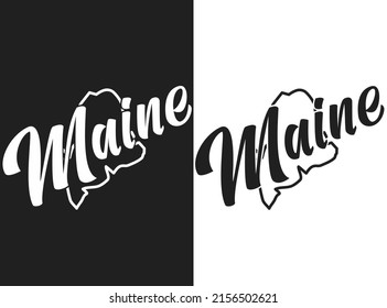 Vector illustration of Maine. Monochrome logo of the USA state. Lettering and outline of territory of the United States of America. Poster of US