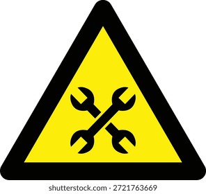 Ilustración vectorial de una señal de advertencia de mantenimiento o reparación con el símbolo de herramientas cruzadas dentro de un símbolo de peligro triangular amarillo, que indica trabajo técnico y conciencia de seguridad.