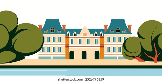 Una Ilustración vectorial de un majestuoso castillo rodeado de árboles a lo largo de la orilla del río. Diseño plano con líneas limpias, perfecto para temas de fantasía o viajes. Aislado sobre fondo blanco.