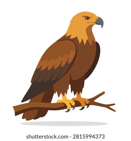 A vector illustration of a majestic eagle with brown feathers and a golden head perched on a wooden branch