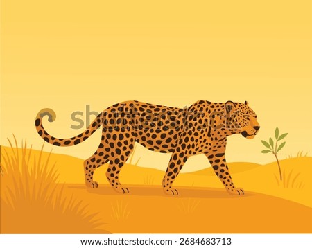 A vector illustration of a majestic leopard walking across a golden savanna landscape, showcasing its distinctive spotted coat and graceful movement.