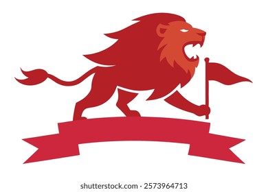 Vector Illustration of a Majestic Lion Roaring Against a Backdrop of Flying Banners – Vibrant and Dynamic Wildlife Scene Perfect