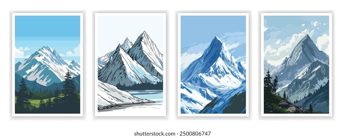 Vector illustration. Majestic mountain landscape with towering peaks and rugged terrain. Scenic view with a clear sky and natural beauty. Design elements for posters, book covers, brochures, magazines