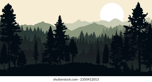 Vector illustration of a majestic mountain range with trees in silhouette against a sunset or sunrise sky. Scenery of adventure theme make it perfect for travel and tourism designs, hiking, camping