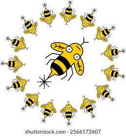 Vector illustration of a majestic queen bee surrounded by several worker bees. A detailed and vibrant design symbolizing leadership, teamwork, and nature's harmony, perfect for creative projects