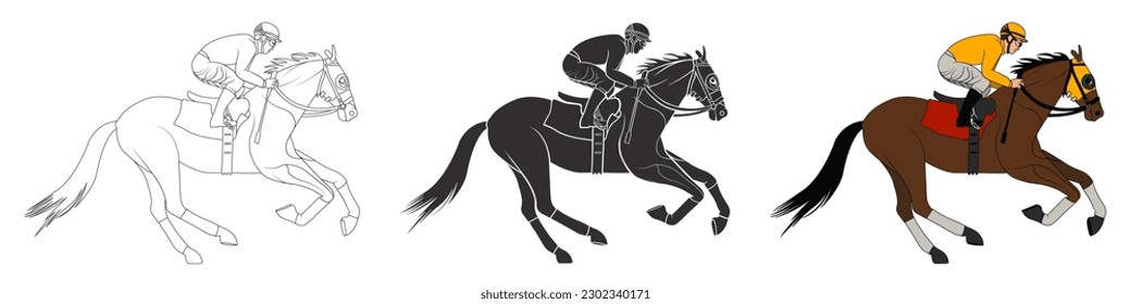 A vector illustration of a majestic race horse and jockey in action. The horse is a powerful thoroughbred, with a sleek black coat and muscular legs. The jockey is wearing a bright red and white silks