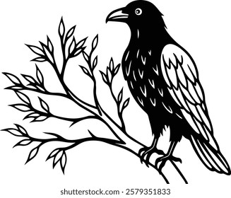 Vector illustration of a majestic raven perched on an invisible tree