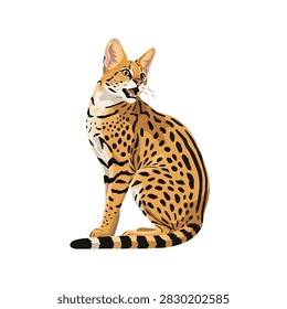 Vector illustration of a majestic serval wild cat with spotted fur isolated on white background