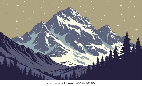Vector illustration of a majestic snowy mountain landscape with pine trees and a starry night sky. Ideal for winter, nature, and adventure themes.