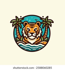 Vector Illustration of Majestic Tropical Tiger Exotic Island Vibes Ocean Waves