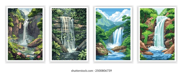 Ilustración vectorial de una majestuosa cascada que baja por un acantilado rocoso rodeado de exuberante vegetación. Ideal para diseños de temática natural, carteles y obras de arte escénicas