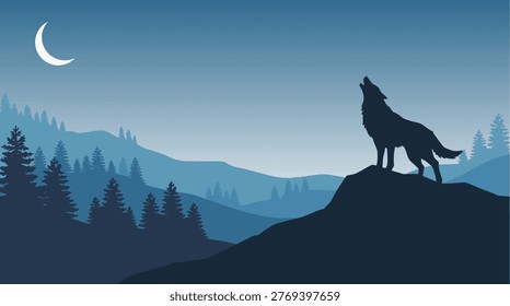 Vector illustration of a majestic wolf howling on a rocky peak under a crescent moon in a serene blue mountain forest landscape. This flat design features a wild animal silhouette against layered hills and pine trees, conveying the mystique of wilderness and nature at night. Ideal for backgrounds, wildlife, or outdoor themes.