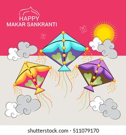 Imagen vectorial de la bandera Makar Sankranti con cometa colorida.