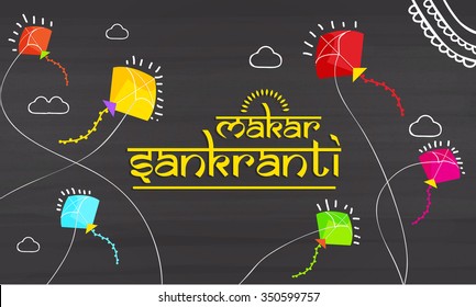 Vector illustration Makar Sankranti harvest festival celebration in India with colorful kites flying in the sky.