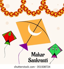 Vector illustration Makar Sankranti harvest festival celebration in India with colorful kites flying in the sky.