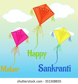 Vector illustration Makar Sankranti harvest festival celebration in India with colorful kites flying in the sky.
