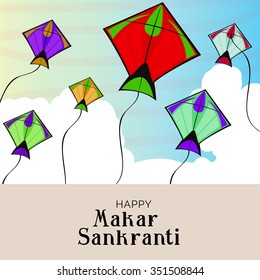 Vector illustration Makar Sankranti harvest festival celebration in India with colorful kites flying in the sky.