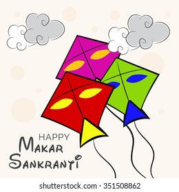 Vector illustration Makar Sankranti harvest festival celebration in India with colorful kites flying in the sky.