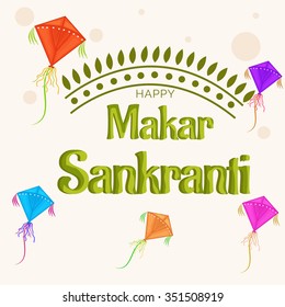 Vector illustration Makar Sankranti harvest festival celebration in India with colorful kites flying in the sky.