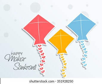 Vector illustration Makar Sankranti harvest festival celebration in India with colorful kites flying in the sky.