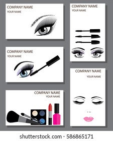 vector illustration of make up artist business cards. mascara, eyes with long lashes, lipstick, eye shadows.