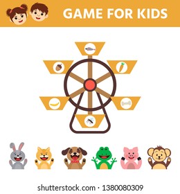 Vector Illustration. Make the right choice and connect the dots cartoon cute animal with their food. Educational children's game. 