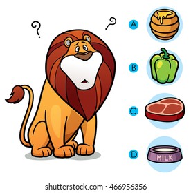 Vector Illustration of make the right choice connect animal with their food - Lion