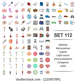 Vector illustration of make up, mail, postman, logistic, light source library bookstore lamppost label icon set.