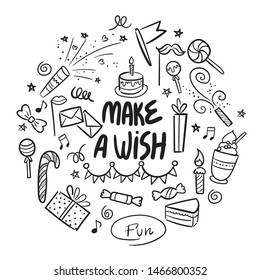 Vector illustration of Make a wish badge set Design elements with lettering text for greeting cards, banner, print. Cake, candle, gift, balloon and other elements isolated on white background 